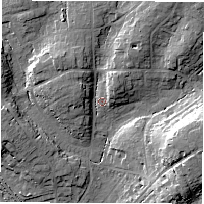 Shaded relief map of the ground around SO532EL, computed from Environment Agency LiDAR. The ground here sits at about 27 m above sea level and falls 24 m across the surrounding 800 m. Surface water reaching this point runs off ground lying to the north-north-east, 13.8 m higher.