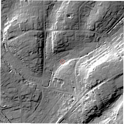Shaded relief map of the ground around SO532EN, computed from Environment Agency LiDAR. The ground here sits at about 25 m above sea level and falls 25 m across the surrounding 800 m. Surface water reaching this point runs off ground lying to the east, 20.8 m higher.