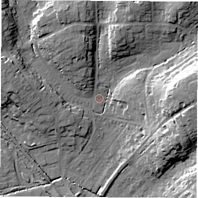 Shaded relief map of the ground around SO532ET, computed from Environment Agency LiDAR. The ground here sits at about 23 m above sea level and falls 26 m across the surrounding 800 m. Surface water reaching this point runs off ground lying to the east, 22.4 m higher.