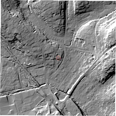Shaded relief map of the ground around SO532EU, computed from Environment Agency LiDAR. The ground here sits at about 25 m above sea level and falls 25 m across the surrounding 800 m. Surface water reaching this point runs off ground lying to the north-west, 3.0 m higher.