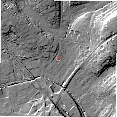 Shaded relief map of the ground around SO532EW, computed from Environment Agency LiDAR. The ground here sits at about 22 m above sea level and falls 26 m across the surrounding 800 m. Surface water reaching this point runs off ground lying to the north-west, 13.4 m higher.