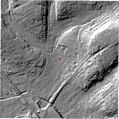 Shaded relief map of the ground around SO532EX, computed from Environment Agency LiDAR. The ground here sits at about 22 m above sea level and falls 27 m across the surrounding 800 m. Surface water reaching this point runs off ground lying to the east-north-east, 20.5 m higher.