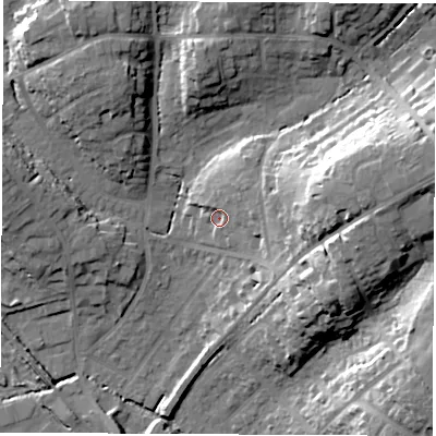 Shaded relief map of the ground around SO532EY, computed from Environment Agency LiDAR. The ground here sits at about 26 m above sea level and falls 26 m across the surrounding 800 m. Surface water reaching this point runs off ground lying to the east-north-east, 8.3 m higher.