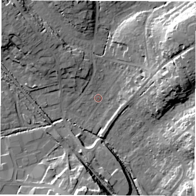 Shaded relief map of the ground around SO532EZ, computed from Environment Agency LiDAR. The ground here sits at about 21 m above sea level and falls 27 m across the surrounding 800 m. Surface water reaching this point runs off ground lying to the east-north-east, 23.5 m higher.