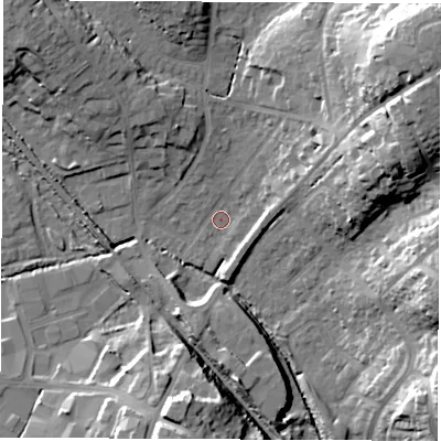 Shaded relief map of the ground around SO532FB, computed from Environment Agency LiDAR. The ground here sits at about 21 m above sea level and falls 27 m across the surrounding 800 m. Surface water reaching this point runs off ground lying to the north-east, 25.0 m higher.