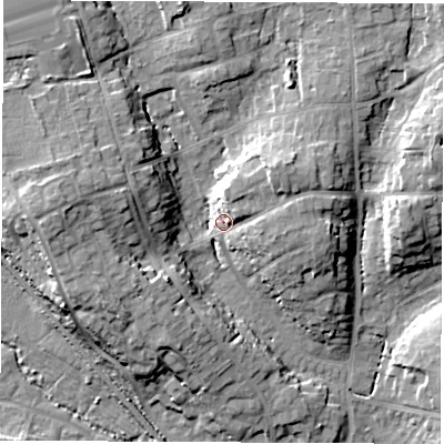 Shaded relief map of the ground around SO532FH, computed from Environment Agency LiDAR. The ground here sits at about 30 m above sea level and falls 18 m across the surrounding 800 m. Surface water reaching this point runs off ground lying to the west-north-west, 12.7 m higher.