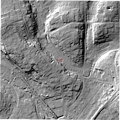 Shaded relief map of the ground around SO532FQ, computed from Environment Agency LiDAR. The ground here sits at about 25 m above sea level and falls 20 m across the surrounding 800 m. Surface water reaching this point runs off ground lying to the north-west, 13.2 m higher.