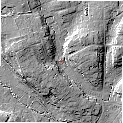Shaded relief map of the ground around SO532FR, computed from Environment Agency LiDAR. The ground here sits at about 27 m above sea level and falls 18 m across the surrounding 800 m. Surface water reaching this point runs off ground lying to the west-north-west, 13.0 m higher.