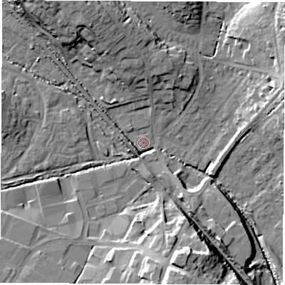 Shaded relief map of the ground around SO532FU, computed from Environment Agency LiDAR. The ground here sits at about 21 m above sea level and falls 22 m across the surrounding 800 m. Surface water reaching this point runs off ground lying to the north-north-west, 15.9 m higher.