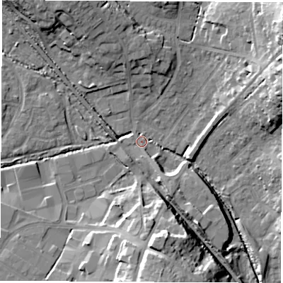 Shaded relief map of the ground around SO532FW, computed from Environment Agency LiDAR. The ground here sits at about 21 m above sea level and falls 23 m across the surrounding 800 m. Surface water reaching this point runs off ground lying to the south-south-east, 2.3 m higher.