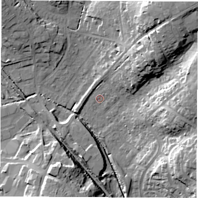Shaded relief map of the ground around SO532GS, computed from Environment Agency LiDAR. The ground here sits at about 21 m above sea level and falls 28 m across the surrounding 800 m. Surface water reaching this point runs off ground lying to the north-east, 19.4 m higher.