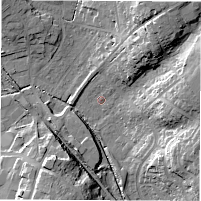 Shaded relief map of the ground around SO532GT, computed from Environment Agency LiDAR. The ground here sits at about 21 m above sea level and falls 27 m across the surrounding 800 m. Surface water reaching this point runs off ground lying to the north-north-east, 3.3 m higher.