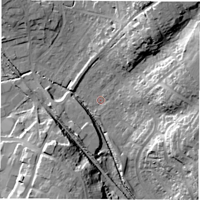 Shaded relief map of the ground around SO532GU, computed from Environment Agency LiDAR. The ground here sits at about 20 m above sea level and falls 26 m across the surrounding 800 m. Surface water reaching this point runs off ground lying to the north-north-east, 23.7 m higher.