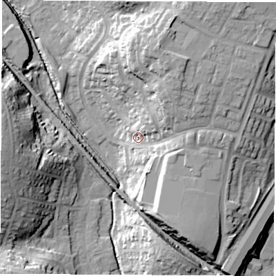 Shaded relief map of the ground around SO532JD, computed from Environment Agency LiDAR. The ground here sits at about 26 m above sea level and falls 27 m across the surrounding 800 m. Surface water reaching this point runs off ground lying to the north-north-east, 18.3 m higher.