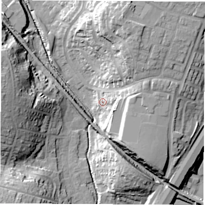 Shaded relief map of the ground around SO532NH, computed from Environment Agency LiDAR. The ground here sits at about 23 m above sea level and falls 27 m across the surrounding 800 m. Surface water reaching this point runs off ground lying to the east, 9.6 m higher.