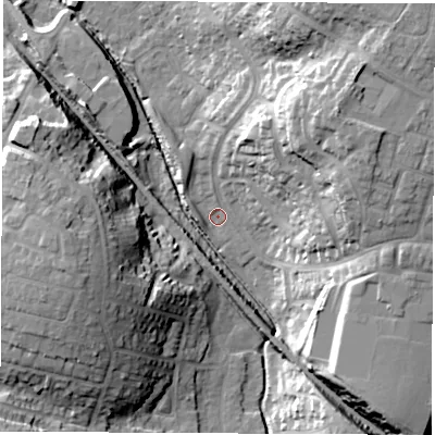 Shaded relief map of the ground around SO532NP, computed from Environment Agency LiDAR. The ground here sits at about 20 m above sea level and falls 27 m across the surrounding 800 m. Surface water reaching this point runs off ground lying to the north-east, 25.6 m higher.