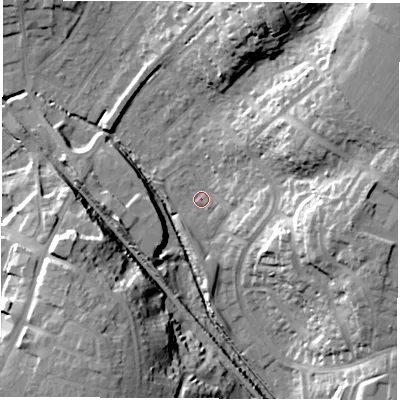 Shaded relief map of the ground around SO532PA, computed from Environment Agency LiDAR. The ground here sits at about 21 m above sea level and falls 28 m across the surrounding 800 m. Surface water reaching this point runs off ground lying to the north-east, 24.1 m higher.