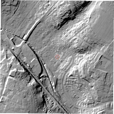 Shaded relief map of the ground around SO532PB, computed from Environment Agency LiDAR. The ground here sits at about 21 m above sea level and falls 28 m across the surrounding 800 m. Surface water reaching this point runs off ground lying to the north-east, 24.4 m higher.