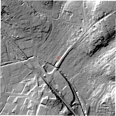 Shaded relief map of the ground around SO532QE, computed from Environment Agency LiDAR. The ground here sits at about 21 m above sea level and falls 27 m across the surrounding 800 m. Surface water reaching this point runs off ground lying to the north-east, 25.4 m higher.