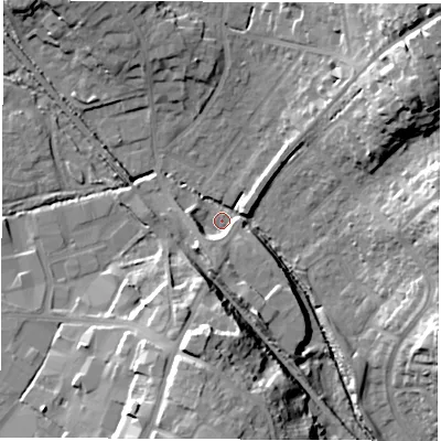Shaded relief map of the ground around SO532RT, computed from Environment Agency LiDAR. The ground here sits at about 21 m above sea level and falls 26 m across the surrounding 800 m. Surface water reaching this point runs off ground lying to the north-east, 24.5 m higher.