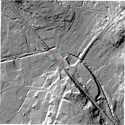 Shaded relief map of the ground around SO532TA, computed from Environment Agency LiDAR. The ground here sits at about 23 m above sea level and falls 24 m across the surrounding 800 m. Surface water reaching this point runs off ground lying to the south, 12.4 m higher.