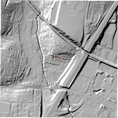 Shaded relief map of the ground around SO533AA, computed from Environment Agency LiDAR. The ground here sits at about 21 m above sea level and falls 23 m across the surrounding 800 m. Surface water reaching this point runs off ground lying to the north-north-east, 14.9 m higher.