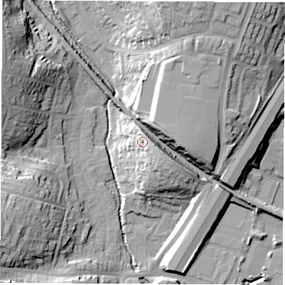 Shaded relief map of the ground around SO533AB, computed from Environment Agency LiDAR. The ground here sits at about 28 m above sea level and falls 27 m across the surrounding 800 m. Surface water reaching this point runs off ground lying to the east-south-east, 6.2 m higher.