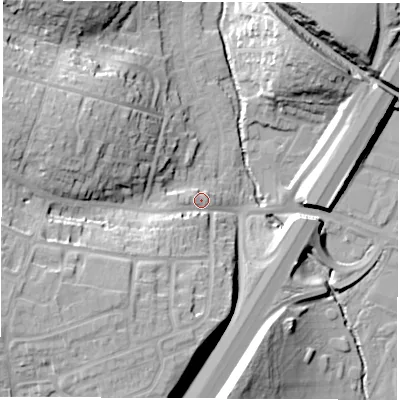 Shaded relief map of the ground around SO533AY, computed from Environment Agency LiDAR. The ground here sits at about 22 m above sea level and falls 24 m across the surrounding 800 m. Surface water reaching this point runs off ground lying to the south-west, 11.4 m higher.