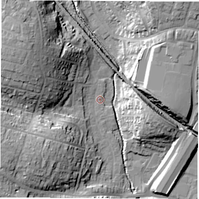 Shaded relief map of the ground around SO533BE, computed from Environment Agency LiDAR. The ground here sits at about 18 m above sea level and falls 26 m across the surrounding 800 m. Surface water reaching this point runs off ground lying to the west-north-west, 22.9 m higher.