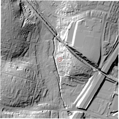 Shaded relief map of the ground around SO533BG, computed from Environment Agency LiDAR. The ground here sits at about 20 m above sea level and falls 28 m across the surrounding 800 m. Surface water reaching this point runs off ground lying to the east, 15.0 m higher.