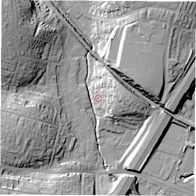 Shaded relief map of the ground around SO533BH, computed from Environment Agency LiDAR. The ground here sits at about 20 m above sea level and falls 28 m across the surrounding 800 m. Surface water reaching this point runs off ground lying to the east-north-east, 12.2 m higher.