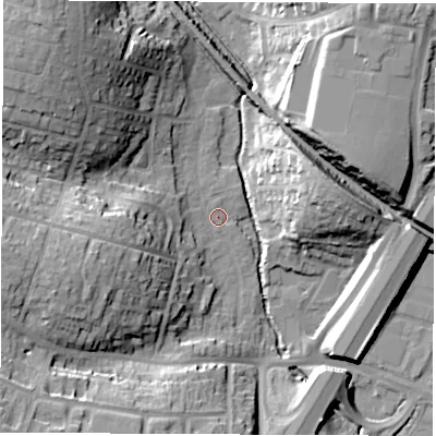 Shaded relief map of the ground around SO533BJ, computed from Environment Agency LiDAR. The ground here sits at about 18 m above sea level and falls 27 m across the surrounding 800 m. Surface water reaching this point runs off ground lying to the west-south-west, 14.0 m higher.
