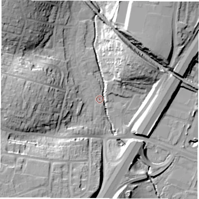 Shaded relief map of the ground around SO533BL, computed from Environment Agency LiDAR. The ground here sits at about 17 m above sea level and falls 27 m across the surrounding 800 m. Surface water reaching this point runs off ground lying to the north-west, 24.0 m higher.