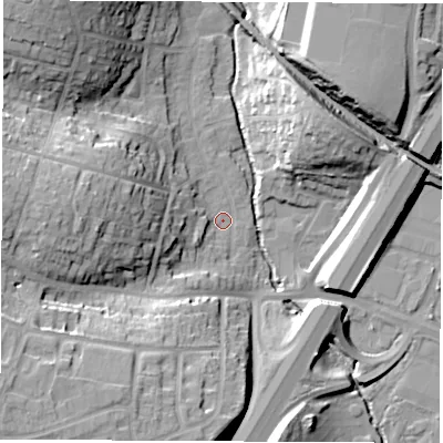 Shaded relief map of the ground around SO533BN, computed from Environment Agency LiDAR. The ground here sits at about 17 m above sea level and falls 25 m across the surrounding 800 m. Surface water reaching this point runs off ground lying to the west, 19.7 m higher.