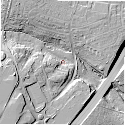 Shaded relief map of the ground around SO533BX, computed from Environment Agency LiDAR. The ground here sits at about 27 m above sea level and falls 28 m across the surrounding 800 m. Surface water reaching this point runs off ground lying to the west-south-west, 10.4 m higher.