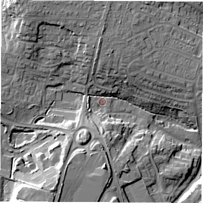 Shaded relief map of the ground around SO533RP, computed from Environment Agency LiDAR. The ground here sits at about 30 m above sea level and falls 24 m across the surrounding 800 m. Surface water reaching this point runs off ground lying to the south-west, 20.2 m higher.