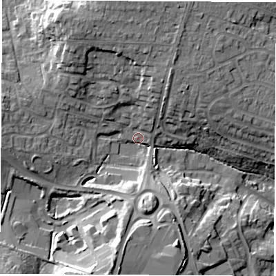 Shaded relief map of the ground around SO533RX, computed from Environment Agency LiDAR. The ground here sits at about 32 m above sea level and falls 22 m across the surrounding 800 m. Surface water reaching this point runs off ground lying to the south-south-west, 17.5 m higher.