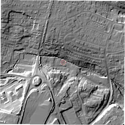 Shaded relief map of the ground around SO533SF, computed from Environment Agency LiDAR. The ground here sits at about 29 m above sea level and falls 26 m across the surrounding 800 m. Surface water reaching this point runs off ground lying to the south-west, 20.5 m higher.