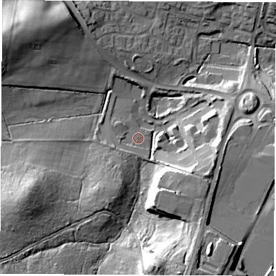 Shaded relief map of the ground around SO533YA, computed from Environment Agency LiDAR. The ground here sits at about 35 m above sea level and falls 29 m across the surrounding 800 m. Surface water reaching this point runs off ground lying to the south-south-west, 9.1 m higher.