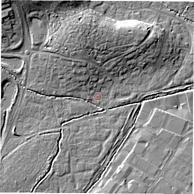 Shaded relief map of the ground around SO534AA, computed from Environment Agency LiDAR. The ground here sits at about 24 m above sea level and falls 16 m across the surrounding 800 m. Surface water reaching this point runs off ground lying to the north-north-west, 6.8 m higher.