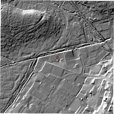 Shaded relief map of the ground around SO534BX, computed from Environment Agency LiDAR. The ground here sits at about 23 m above sea level and falls 20 m across the surrounding 800 m. Surface water reaching this point runs off ground lying to the south-south-east, 2.8 m higher.