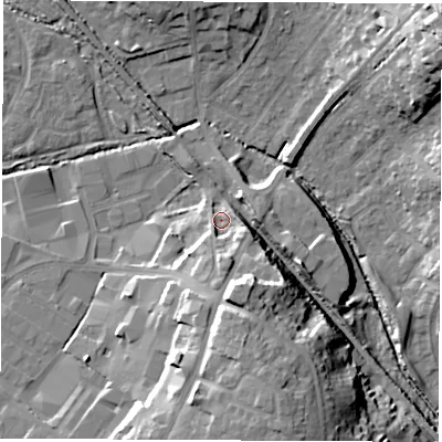 Shaded relief map of the ground around SO534DD, computed from Environment Agency LiDAR. The ground here sits at about 25 m above sea level and falls 24 m across the surrounding 800 m. Surface water reaching this point runs off ground lying to the south, 10.8 m higher.