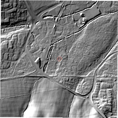 Shaded relief map of the ground around SO534NH, computed from Environment Agency LiDAR. The ground here sits at about 30 m above sea level and falls 21 m across the surrounding 800 m. Surface water reaching this point runs off ground lying to the south, 4.7 m higher.