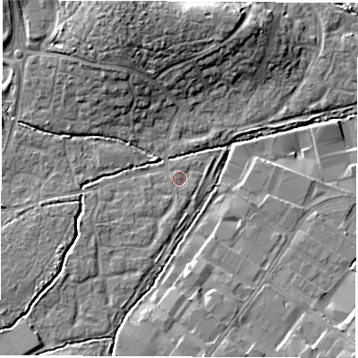 Shaded relief map of the ground around SO534PZ, computed from Environment Agency LiDAR. The ground here sits at about 24 m above sea level and falls 12 m across the surrounding 800 m. Surface water reaching this point runs off ground lying to the south, 1.1 m higher.