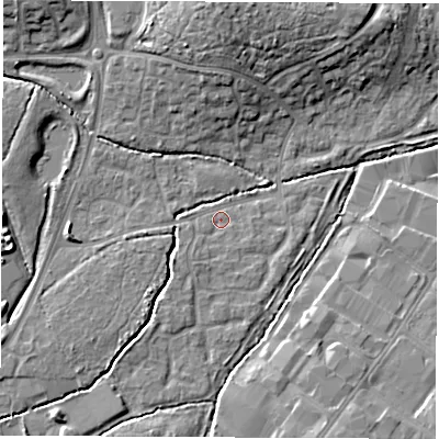 Shaded relief map of the ground around SO534QA, computed from Environment Agency LiDAR. The ground here sits at about 25 m above sea level and falls 12 m across the surrounding 800 m. Surface water reaching this point runs off ground lying to the south-west, 4.9 m higher.