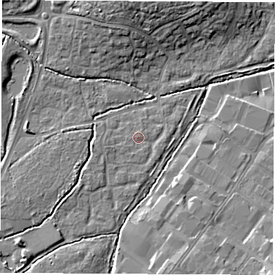 Shaded relief map of the ground around SO534QE, computed from Environment Agency LiDAR. The ground here sits at about 25 m above sea level and falls 11 m across the surrounding 800 m. Surface water reaching this point runs off ground lying to the south-west, 0.8 m higher.