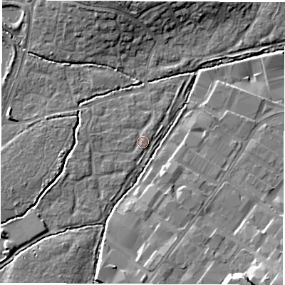 Shaded relief map of the ground around SO534QF, computed from Environment Agency LiDAR. The ground here sits at about 25 m above sea level and falls 15 m across the surrounding 800 m. Surface water reaching this point runs off ground lying to the west-south-west, 2.4 m higher.