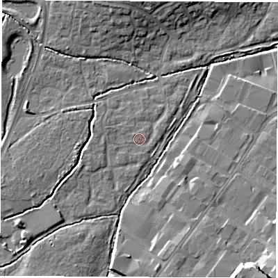 Shaded relief map of the ground around SO534QG, computed from Environment Agency LiDAR. The ground here sits at about 25 m above sea level and falls 15 m across the surrounding 800 m. Surface water reaching this point runs off ground lying to the west-south-west, 2.0 m higher.