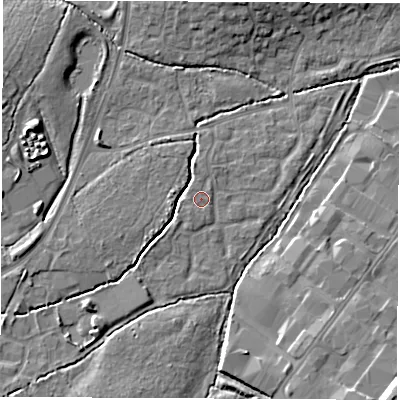 Shaded relief map of the ground around SO534QH, computed from Environment Agency LiDAR. The ground here sits at about 26 m above sea level and falls 14 m across the surrounding 800 m. Surface water reaching this point runs off ground lying to the west-south-west, 1.0 m higher.