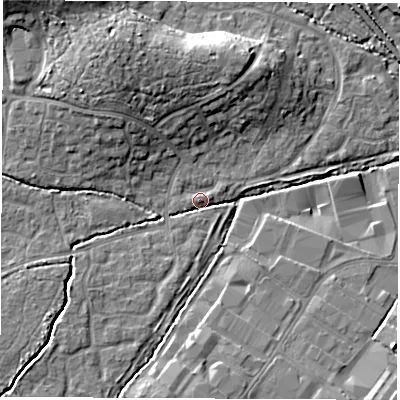 Shaded relief map of the ground around SO534QS, computed from Environment Agency LiDAR. The ground here sits at about 24 m above sea level and falls 14 m across the surrounding 800 m. Surface water reaching this point runs off ground lying to the north-west, 7.9 m higher.